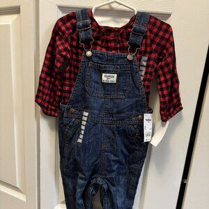 NWT Little Girl Oshkosh Denim Coveralls with Red/Black Shirt Size 18 Months